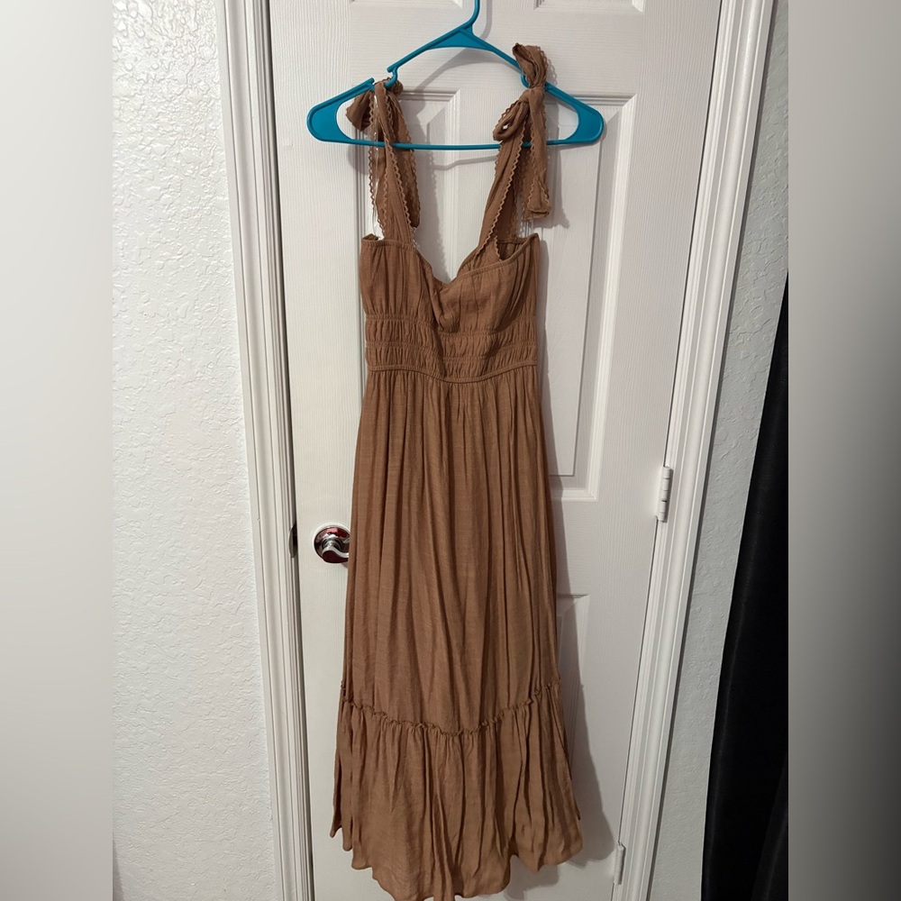 Trixxi Tan Brown Boho Maxi Dress with Tassel Tie - Picture 2 of 2